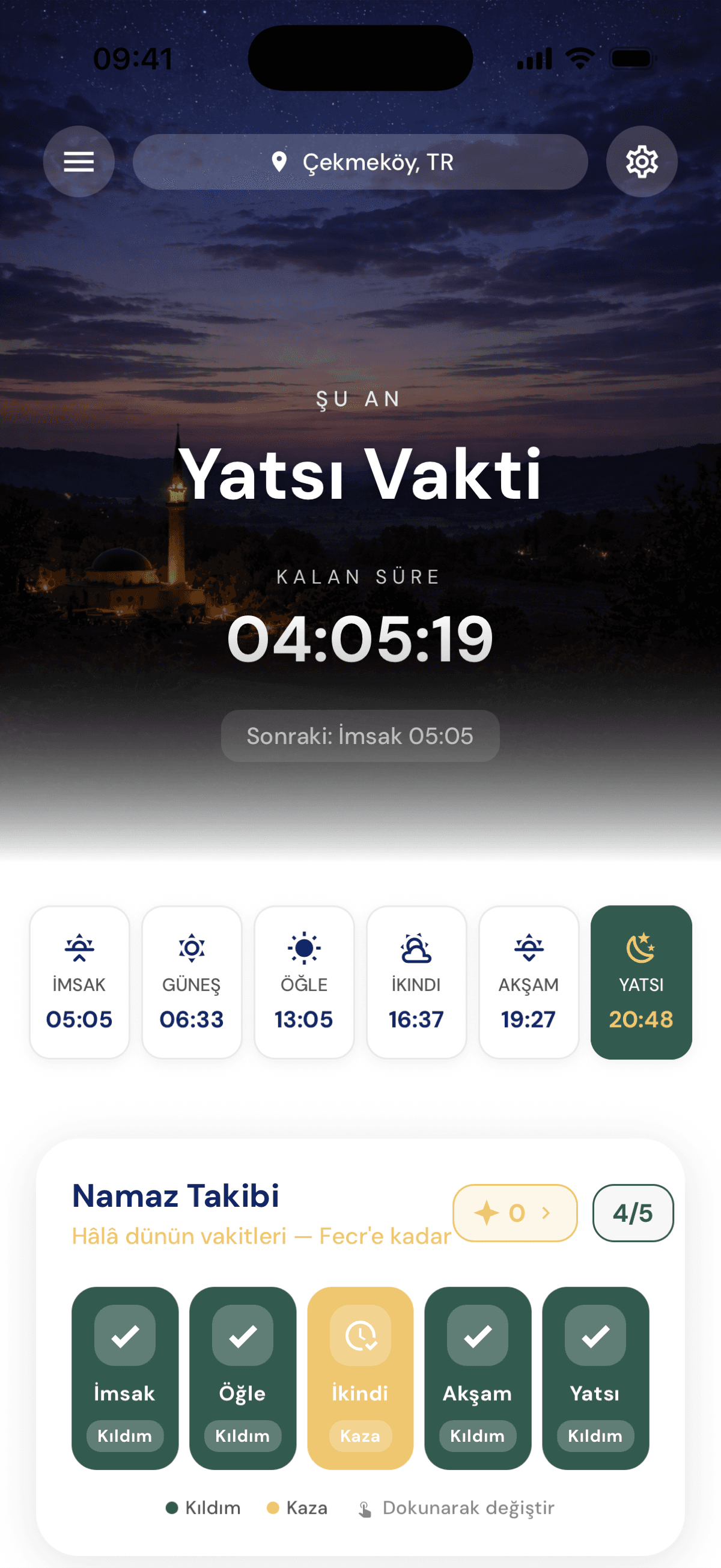 Inspraytion namaz vakitleri ana ekranı